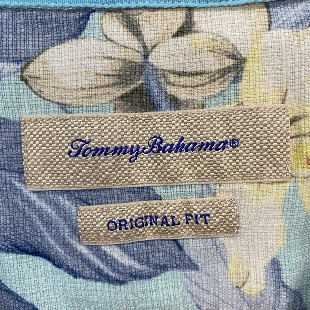 Tommy Bahama Camp Shirt Mens XL Blue Silk Hawaiian Orchid Short Sleeve Aloha